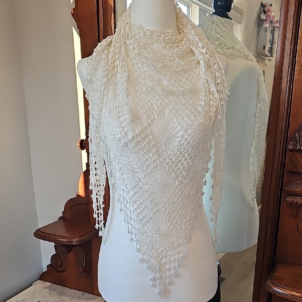 Cream Crochet Beaded Lace Scarf